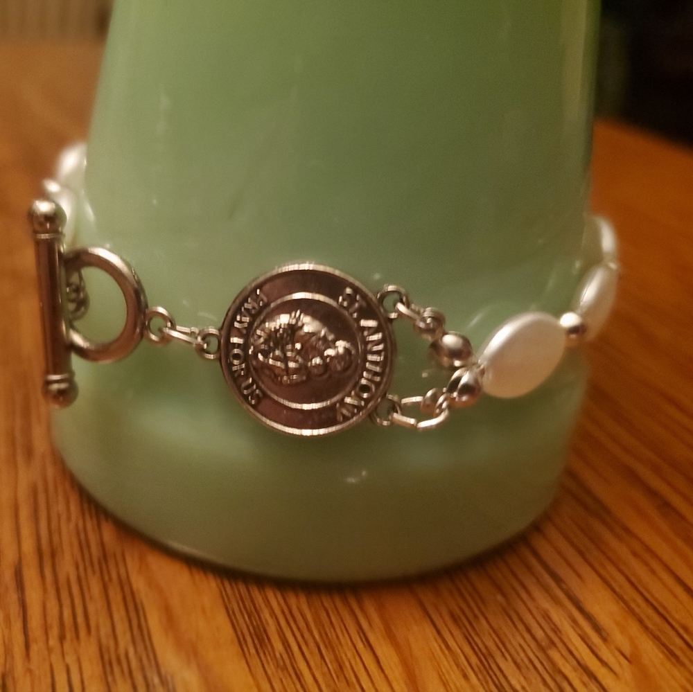 Pearl (faux) bracelet bangle w detachable religious medallion granny core